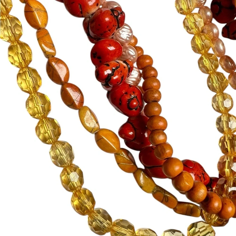 Vintage Beaded Multi Strand Adjustable Necklace Orange Yellow Red - Picture 2 of 5